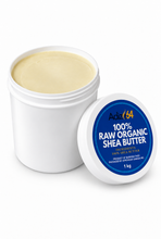 Load image into Gallery viewer, Open Adize64 shea butter jar showing smooth pale-yellow butter, with its blue-labeled 1 kg lid beside it.